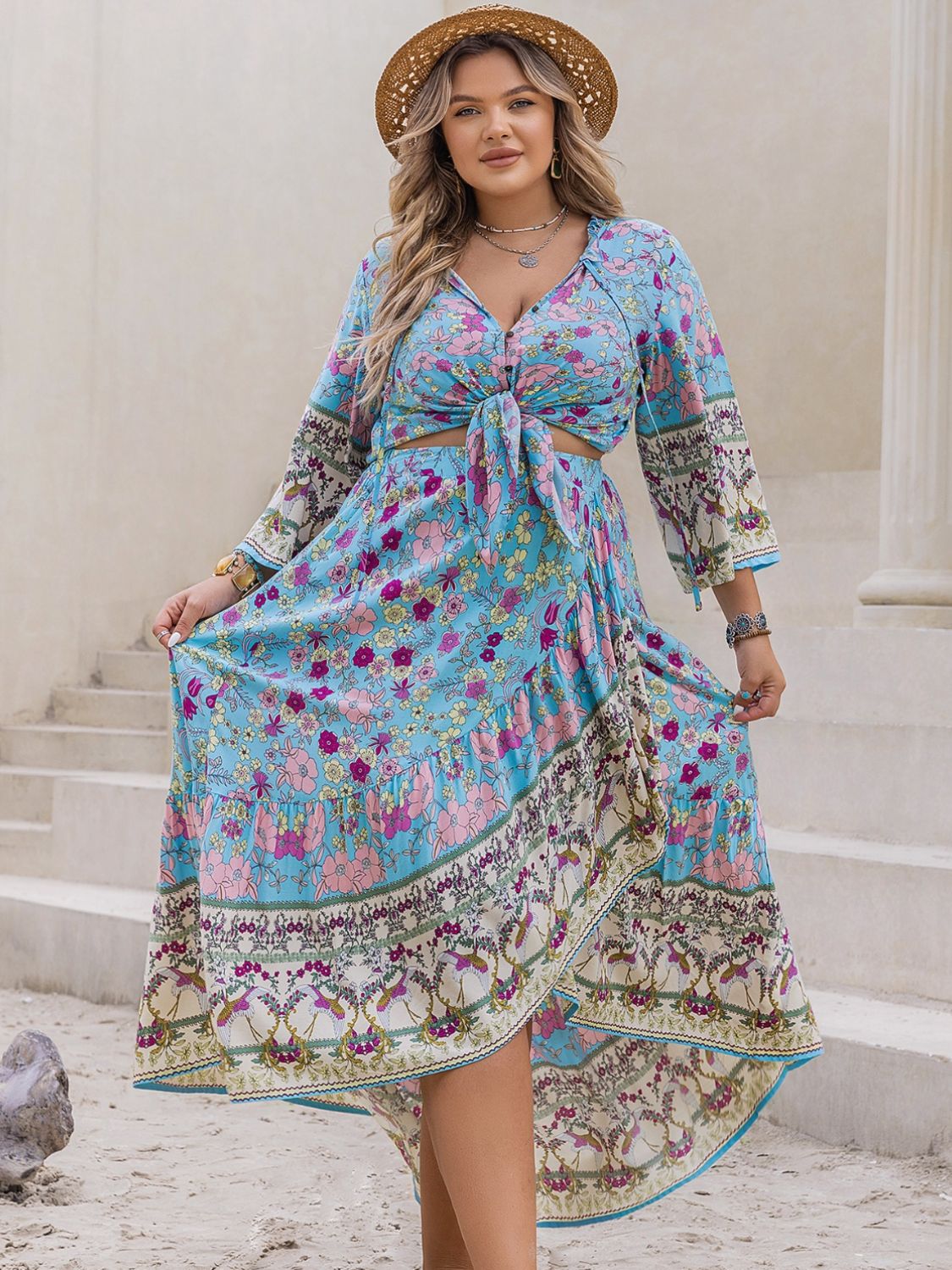 Plus Size Printed Tie Neck Top and Skirt Set