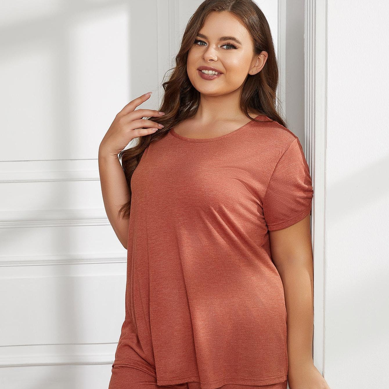 Plus Size Round Neck Short Sleeve Two-Piece Loungewear Set